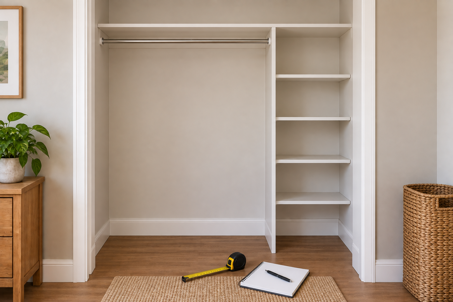 Small closet being measured for width, depth, height, shelf space, and floor clearance