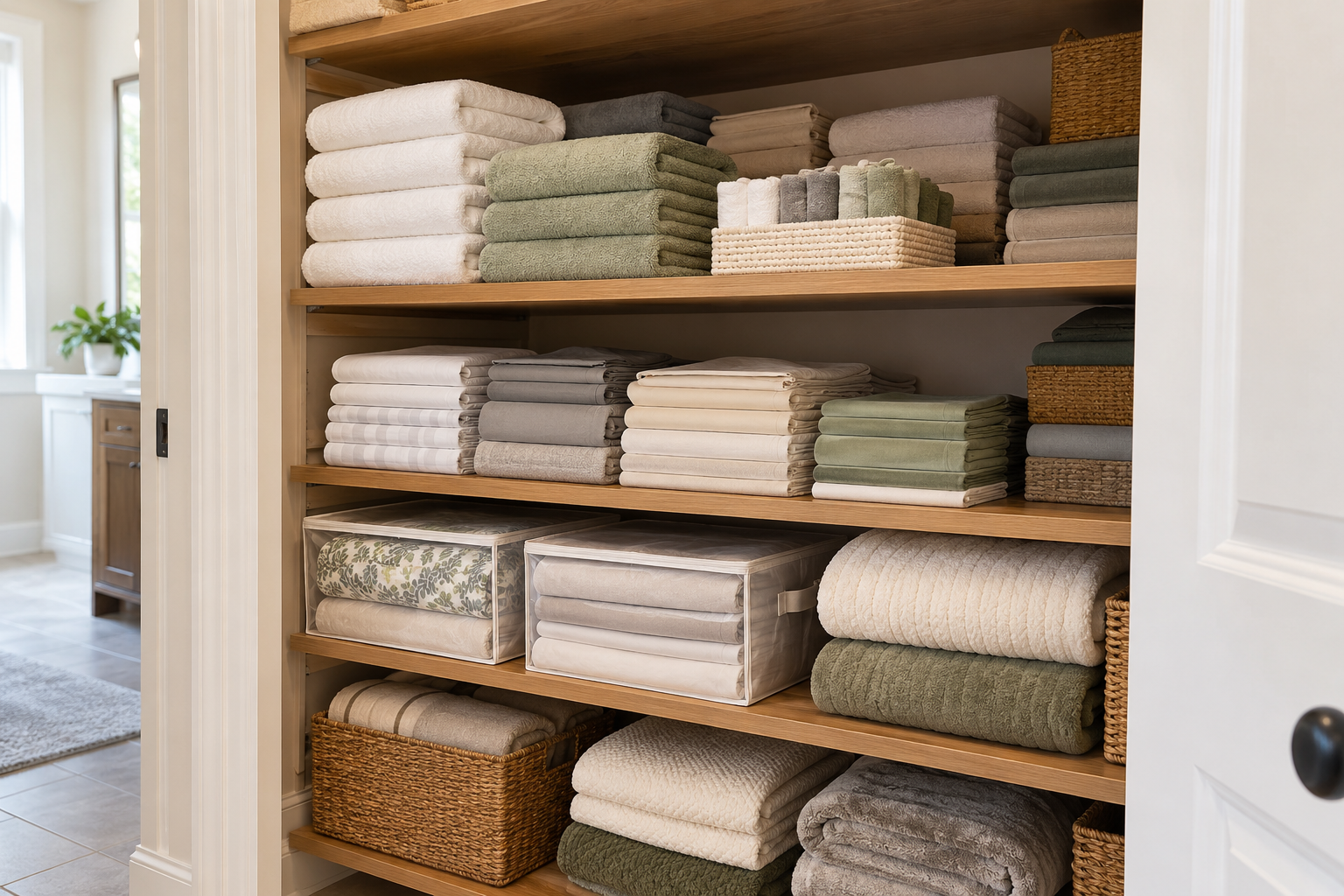 Deep linen closet organized with accessible towel stacks and clearly grouped sheet sets