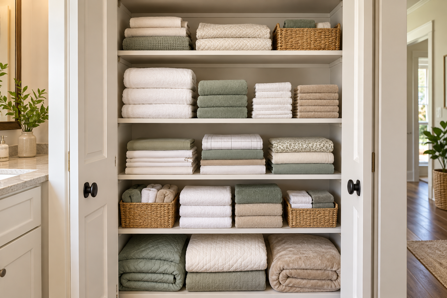 Organized linen closet with towels, sheet sets, and blankets arranged by category