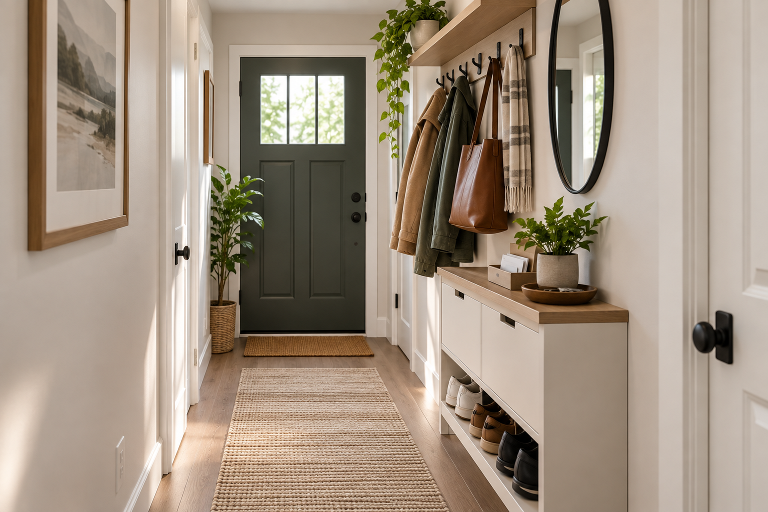 Organized narrow entryway with a clear walking path, shallow storage, coats, bags, shoes, and everyday essentials