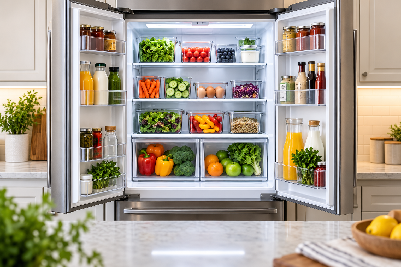 Organized refrigerator with food grouped for easy access and visibility