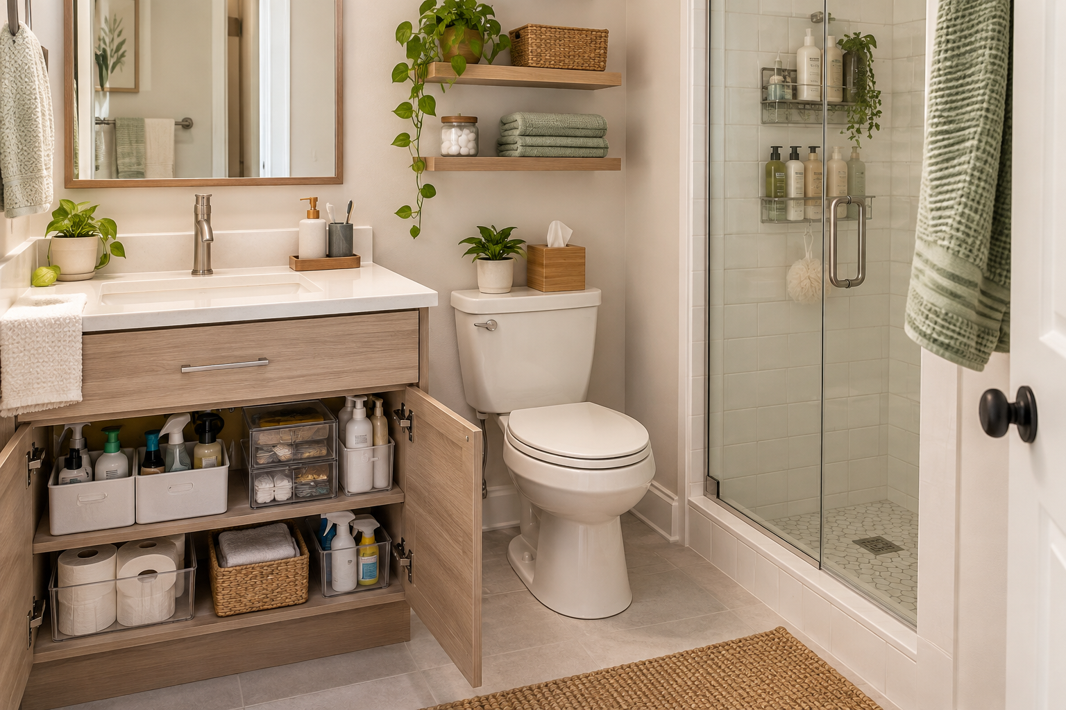 Small bathroom organized with clear storage zones, an uncluttered counter, and practical use of limited space.