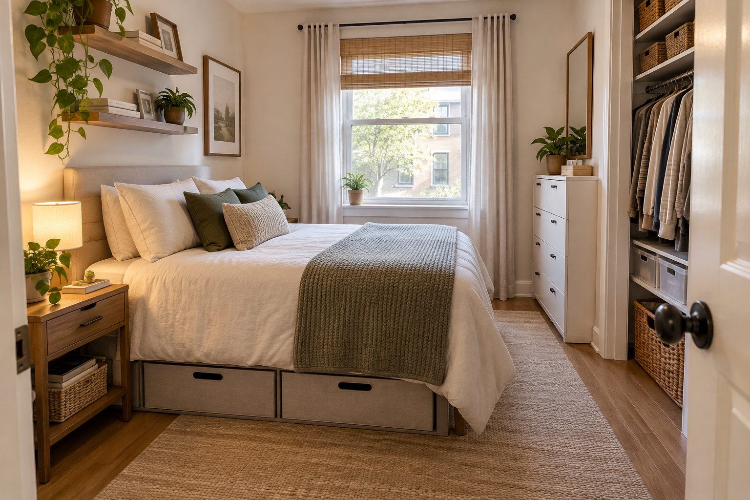 Small bedroom organized with clear walking space, practical storage, and neatly arranged everyday items.