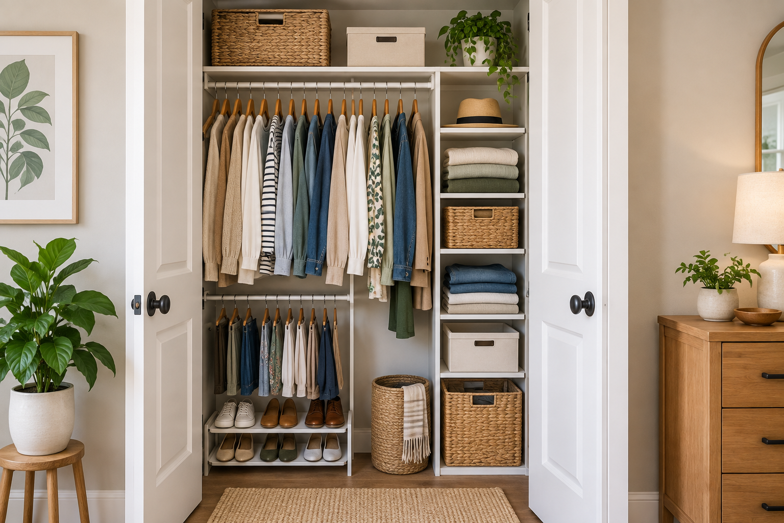 Small closet organized with two hanging levels, folded clothes, baskets, shelves, and neatly arranged shoes