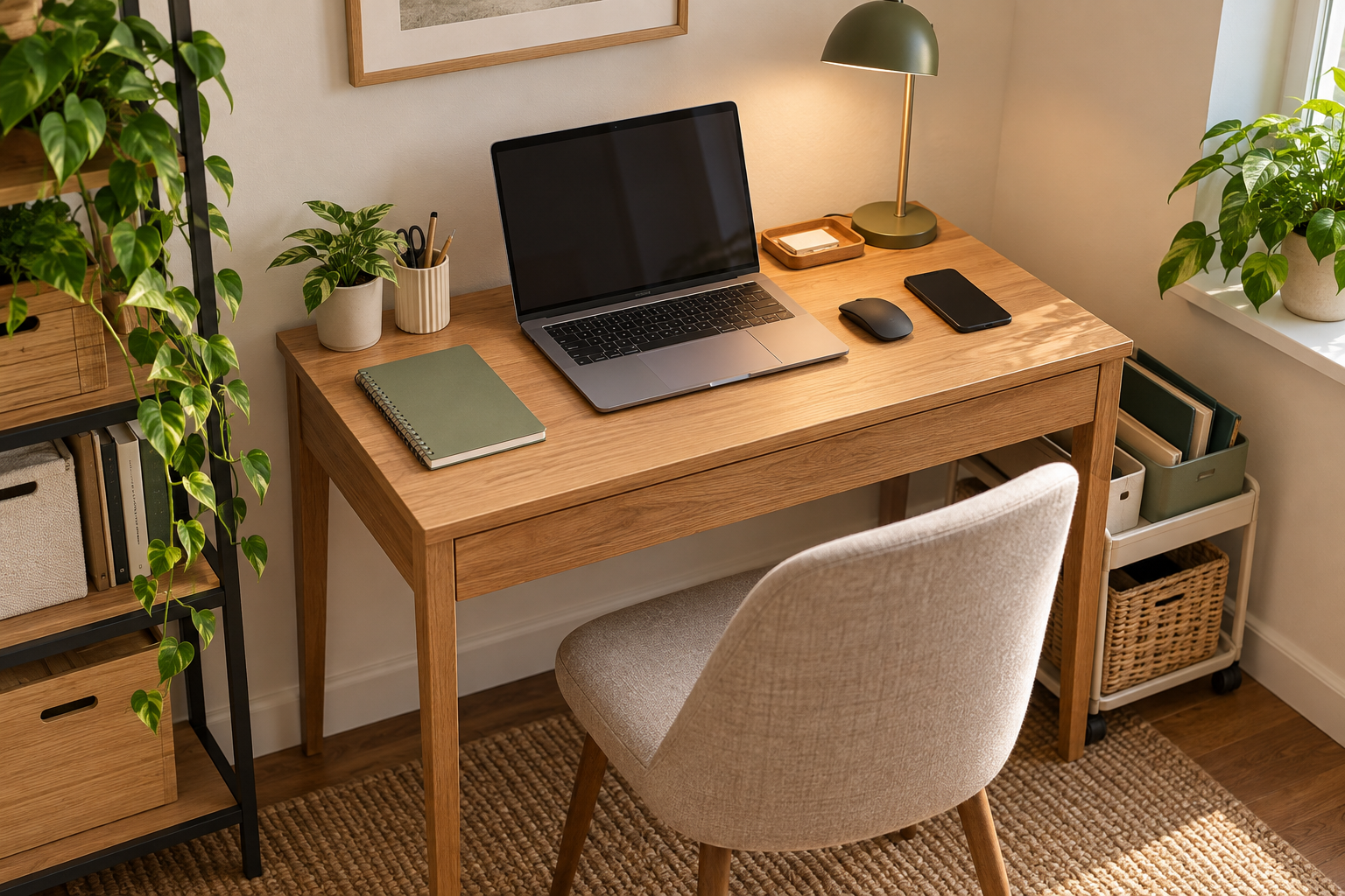 Small desk organized with a clear work surface, laptop, keyboard, mouse, and minimal daily-use items