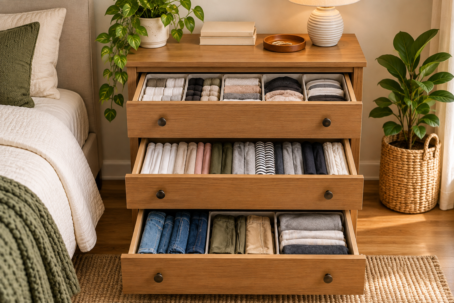 Small dresser organized with clearly assigned drawers for everyday clothing
