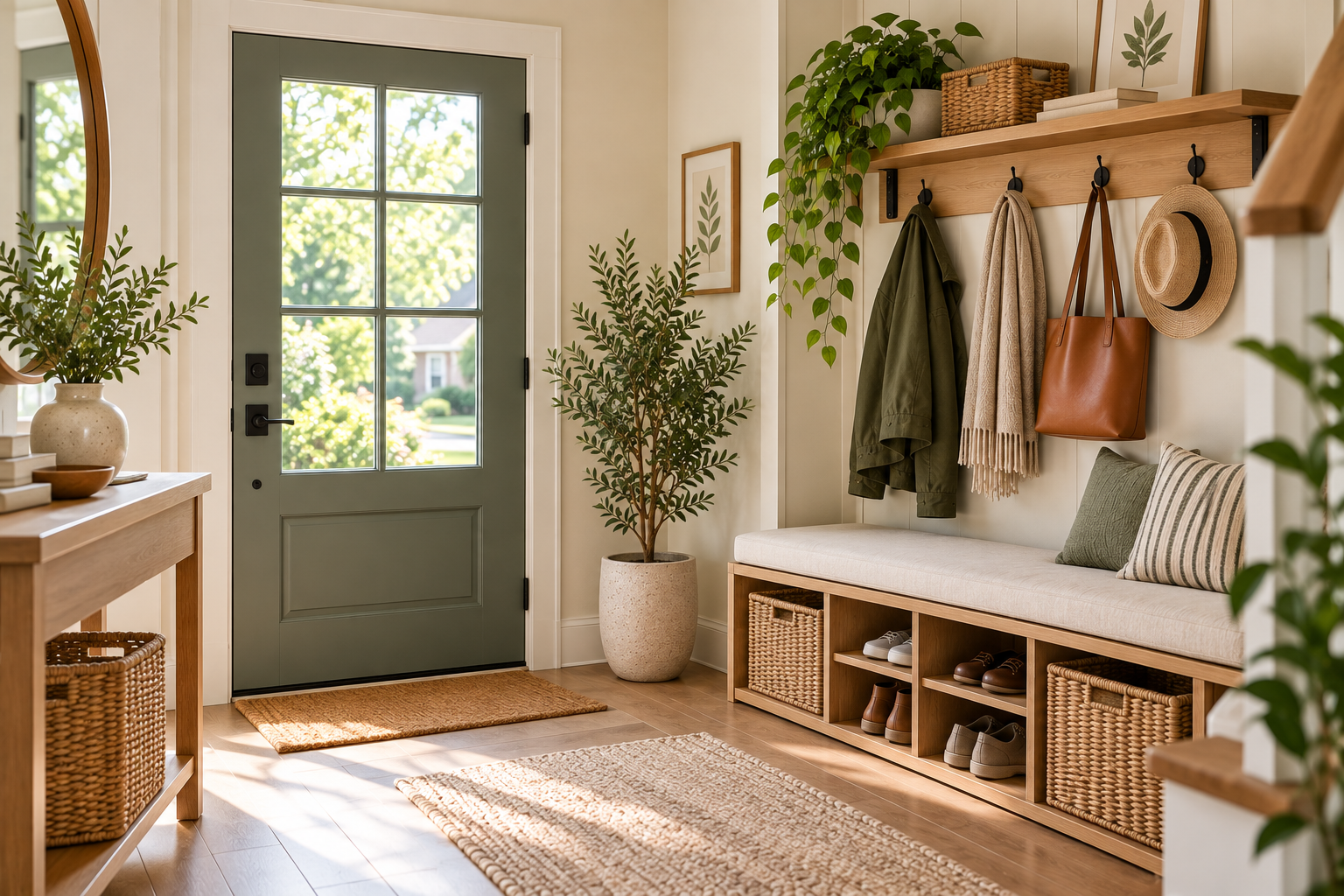 Organized small entryway with wall hooks, shoe storage, bench, and compact console