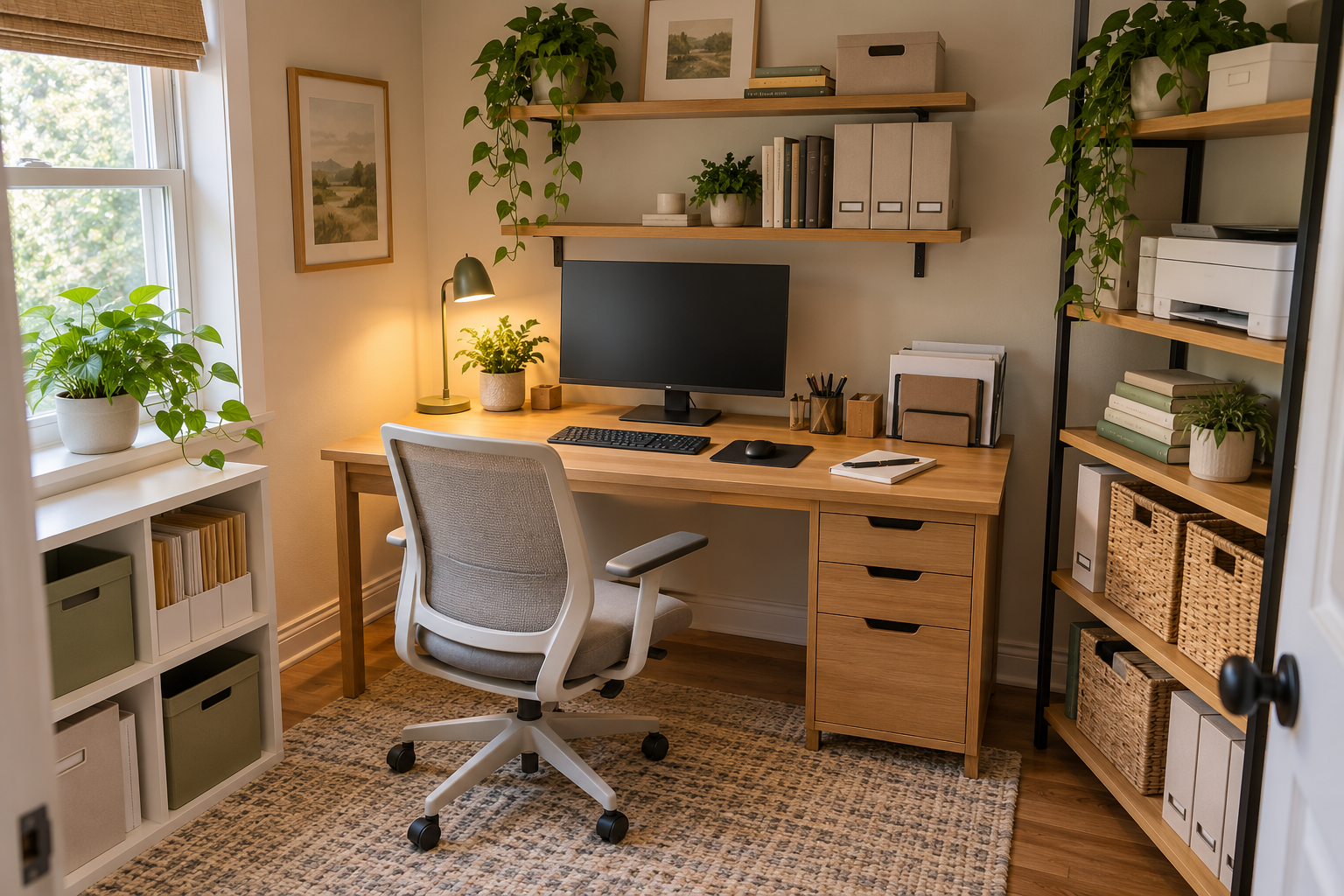 Small home office organized into functional zones with a clear desk and practical storage