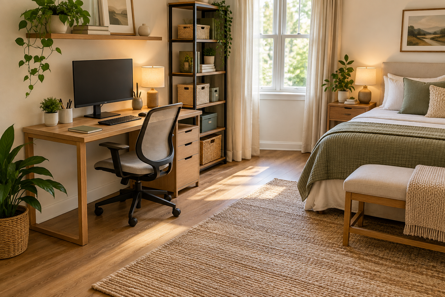 Small home office organized neatly within a shared room while preserving the room’s main function