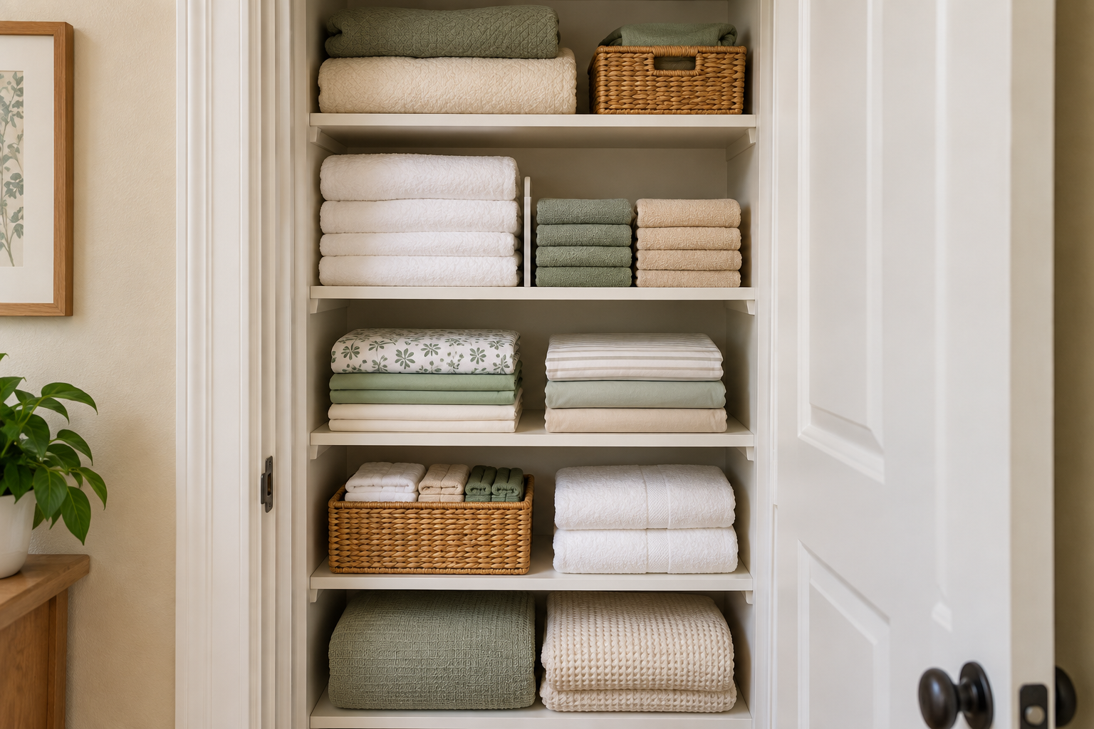 Small linen closet organized with towels, sheets, and blankets in clearly defined storage zones