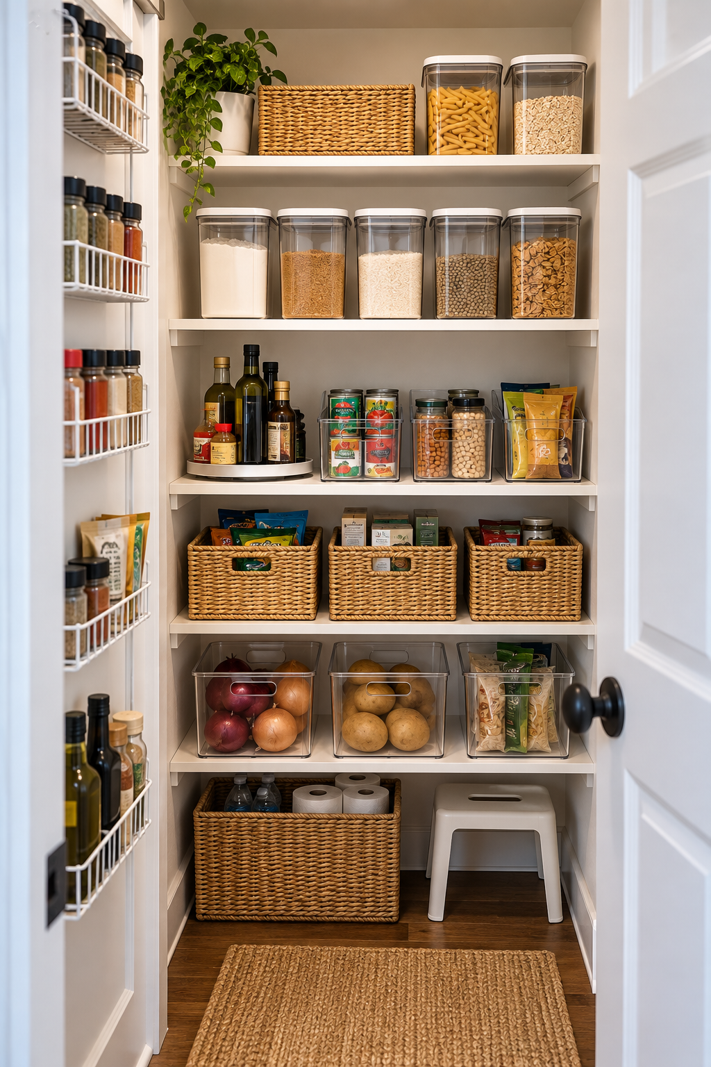 Small organized pantry with clear containers, baskets, and accessible food storage