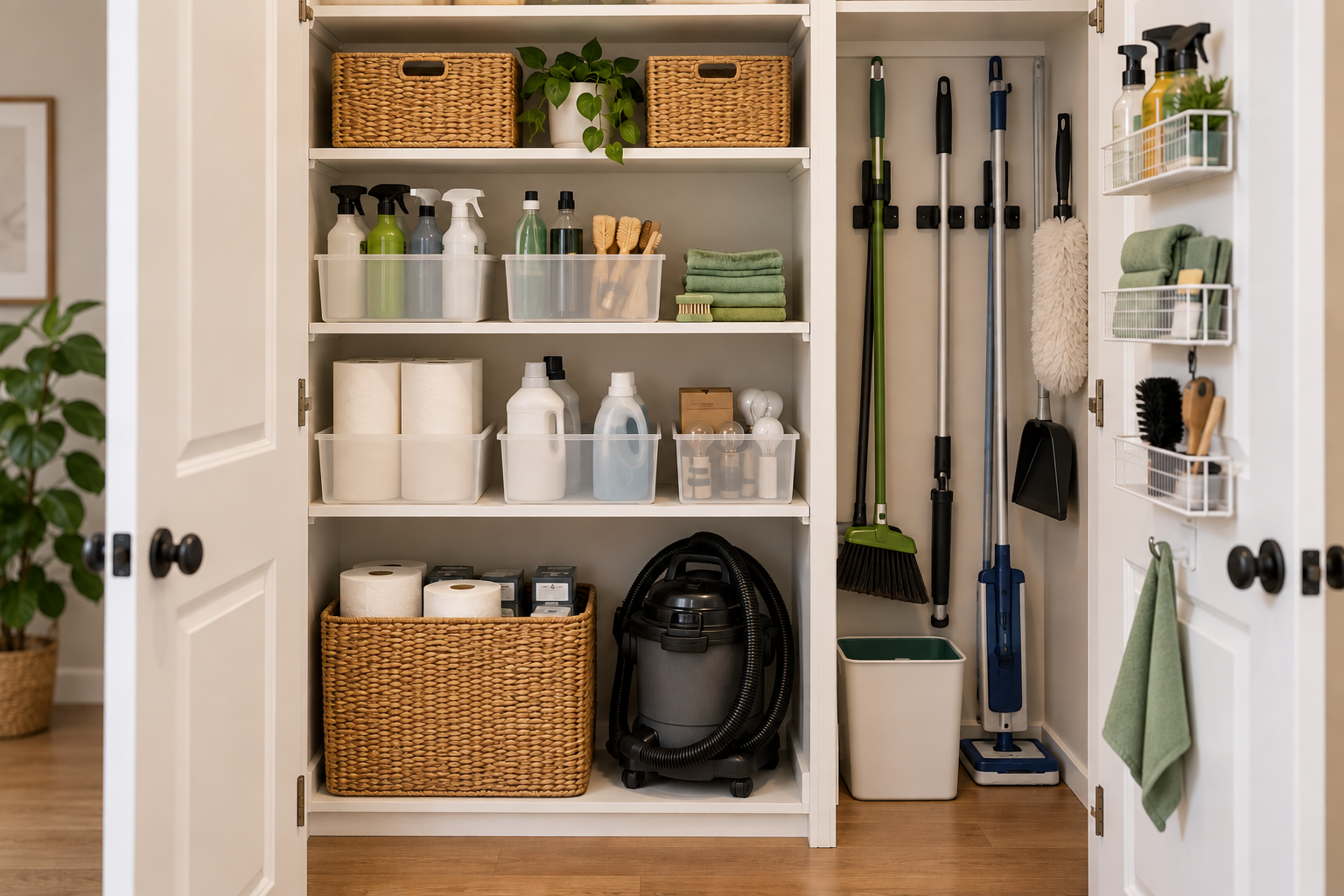 Organized utility closet with clearly defined storage zones for cleaning supplies, household tools, backups, and floor-care equipment