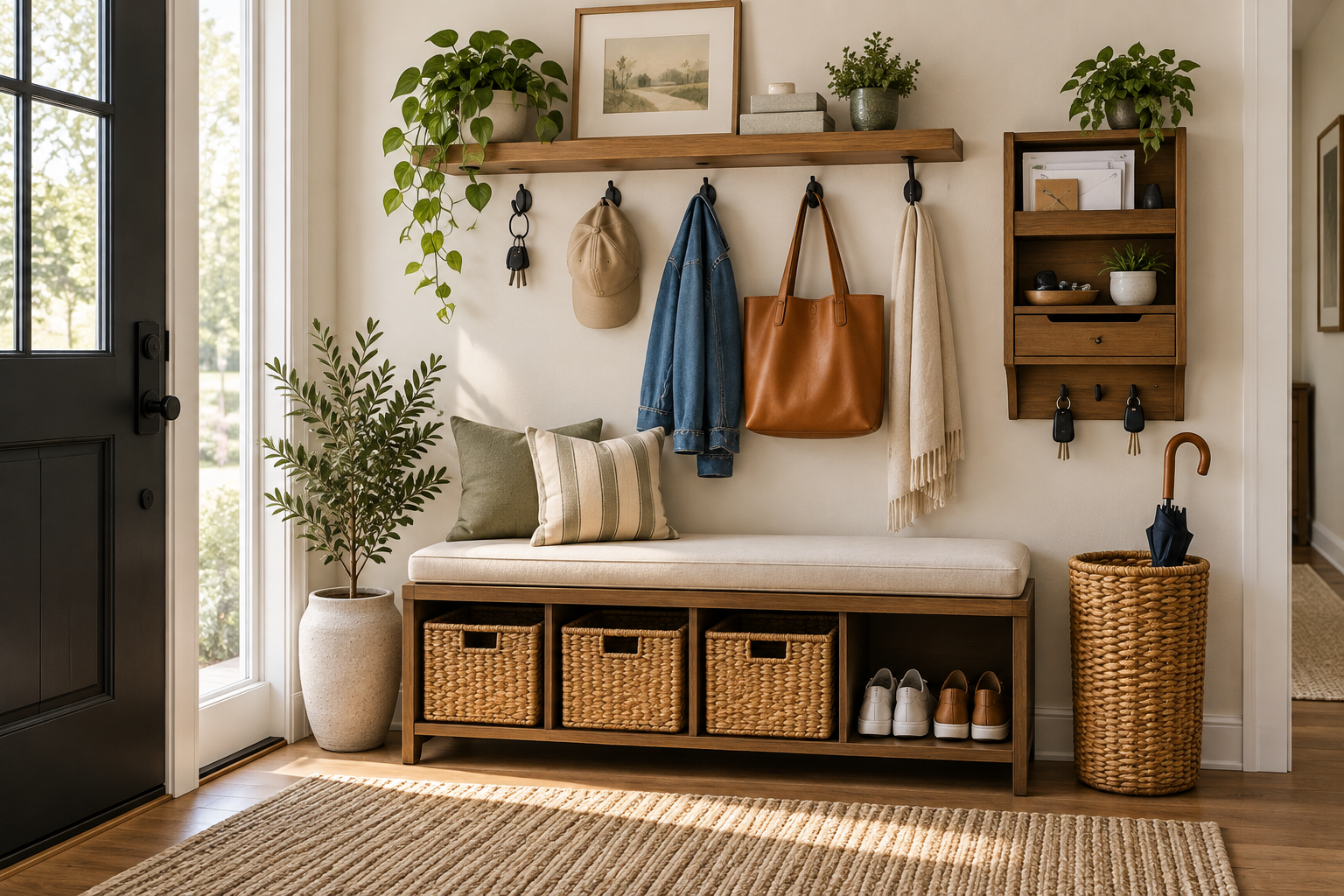 Organized entryway drop zone with dedicated spaces for keys, bags, mail, outerwear, and everyday items