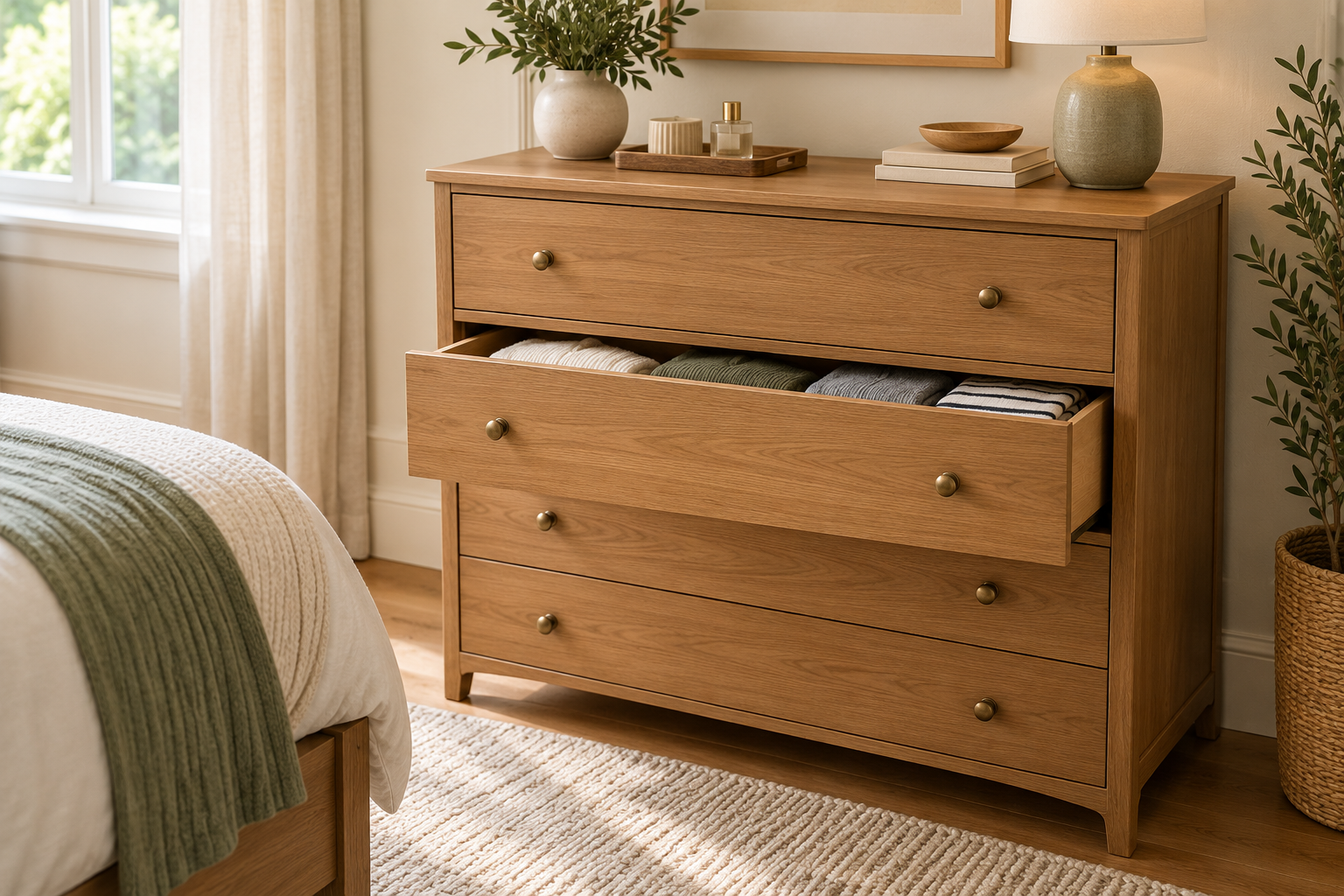 Organized bedroom drawers with clearly separated clothing categories