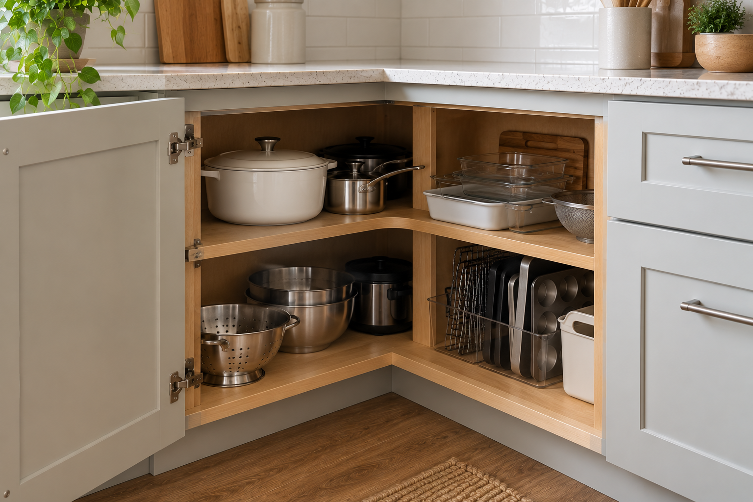 Organized blind corner kitchen cabinet with cookware arranged for easier access