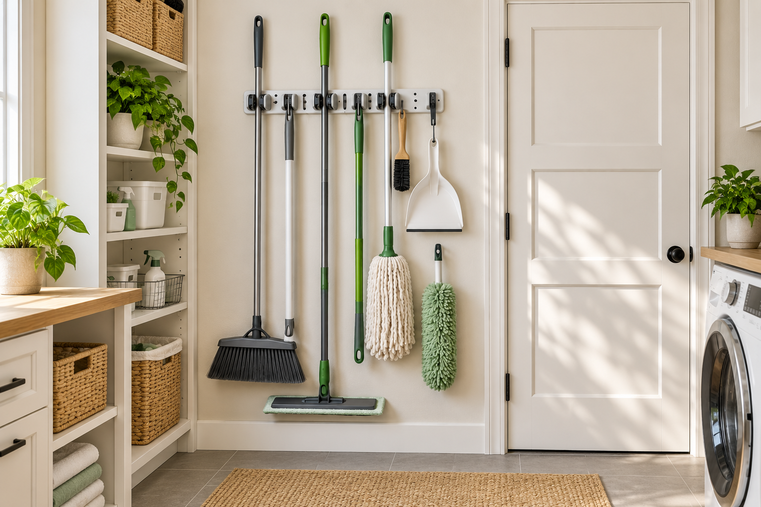 Brooms, mops, and cleaning tools organized vertically in a compact laundry and utility area