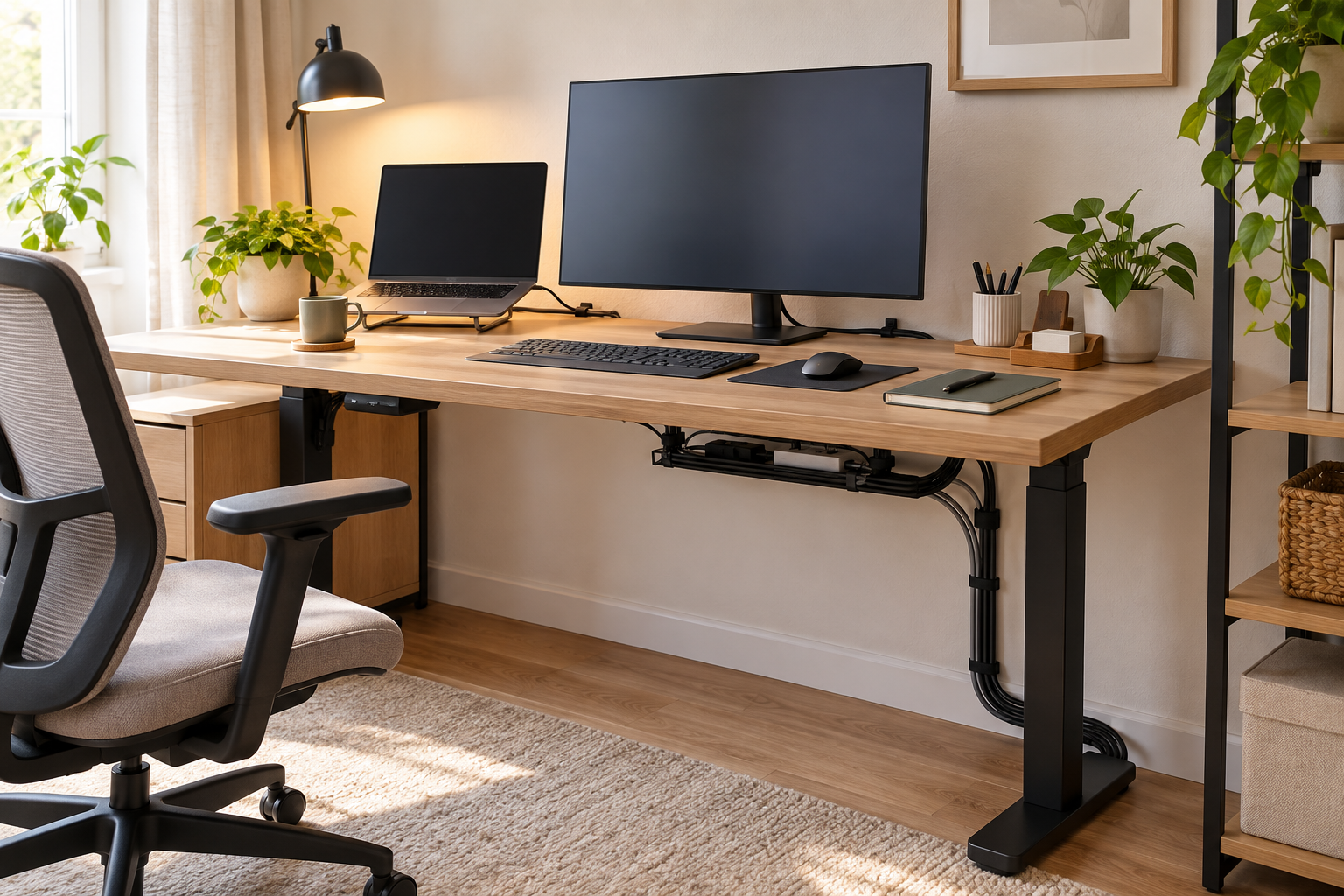 Organized home office with cables routed neatly around a small desk and kept off the floor