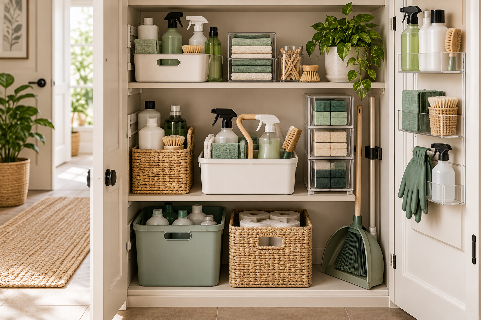 Organized cleaning supplies stored efficiently in a small home