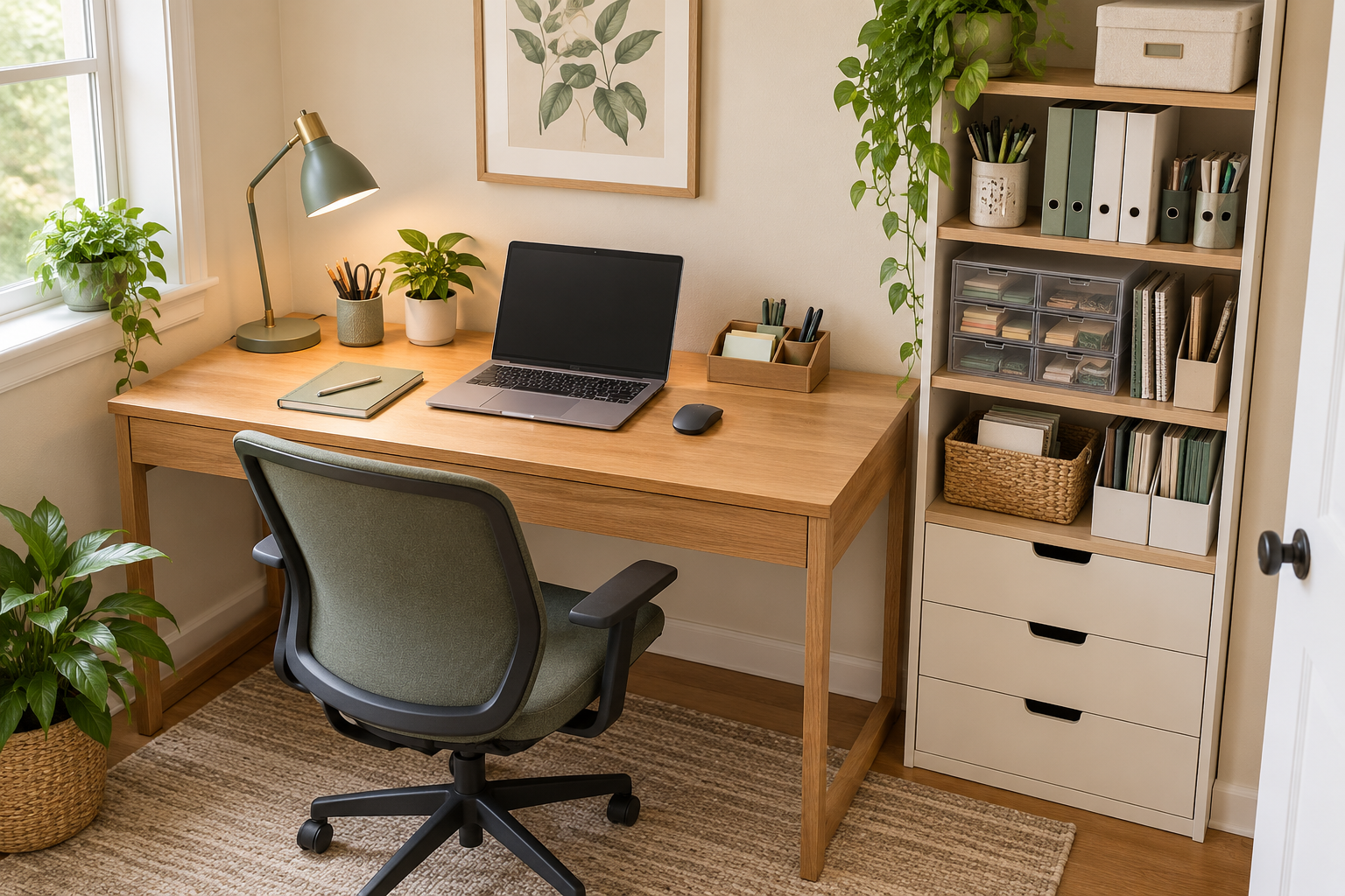 Organized office supplies in a small home office with a clear workspace