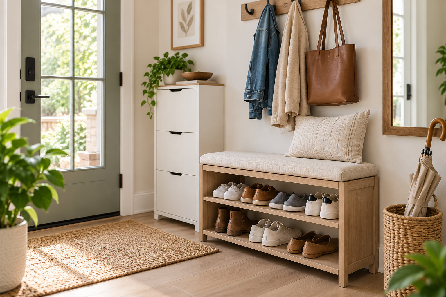 Organized small entryway with a compact shoe bench and neatly stored everyday shoes