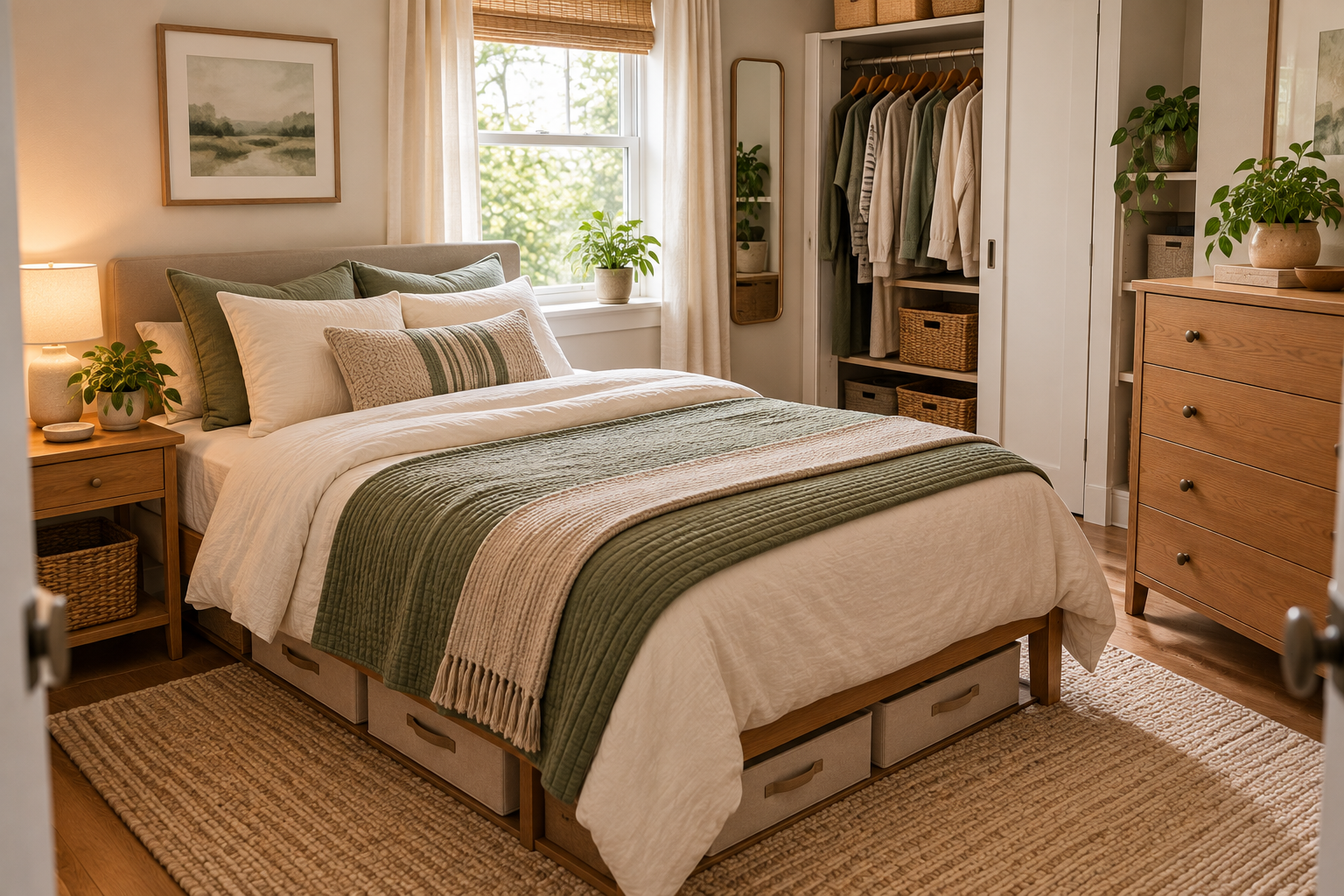 Small bedroom organized with efficient storage while keeping the floor clear