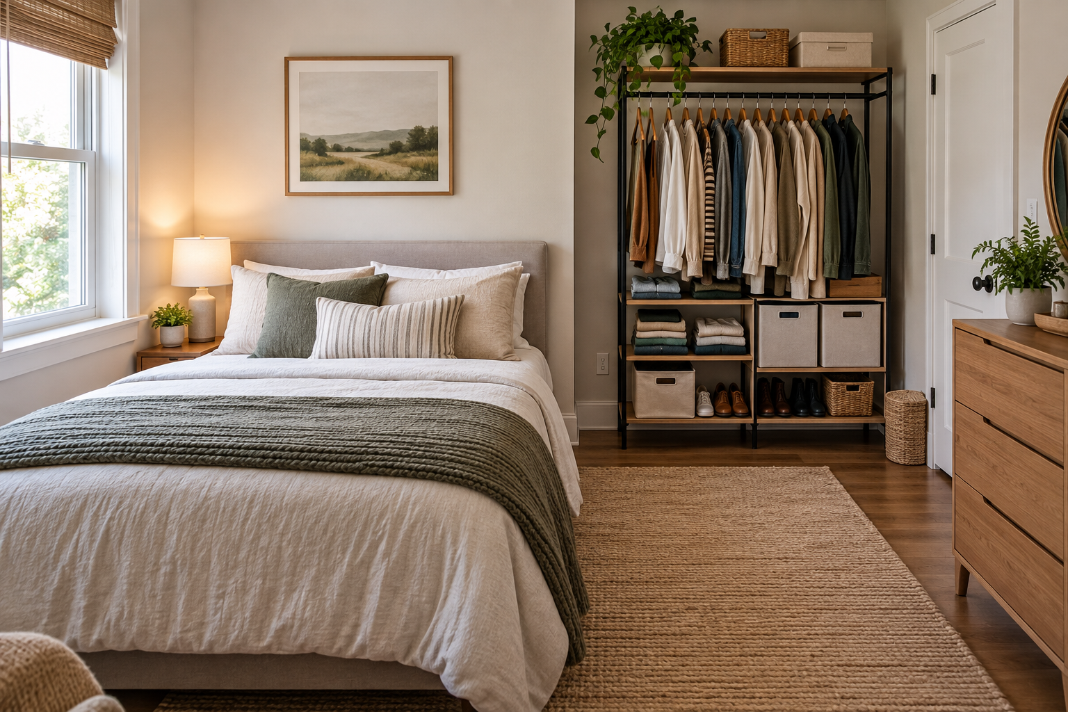 Small bedroom without a closet organized with a defined clothing zone and clear walking space.