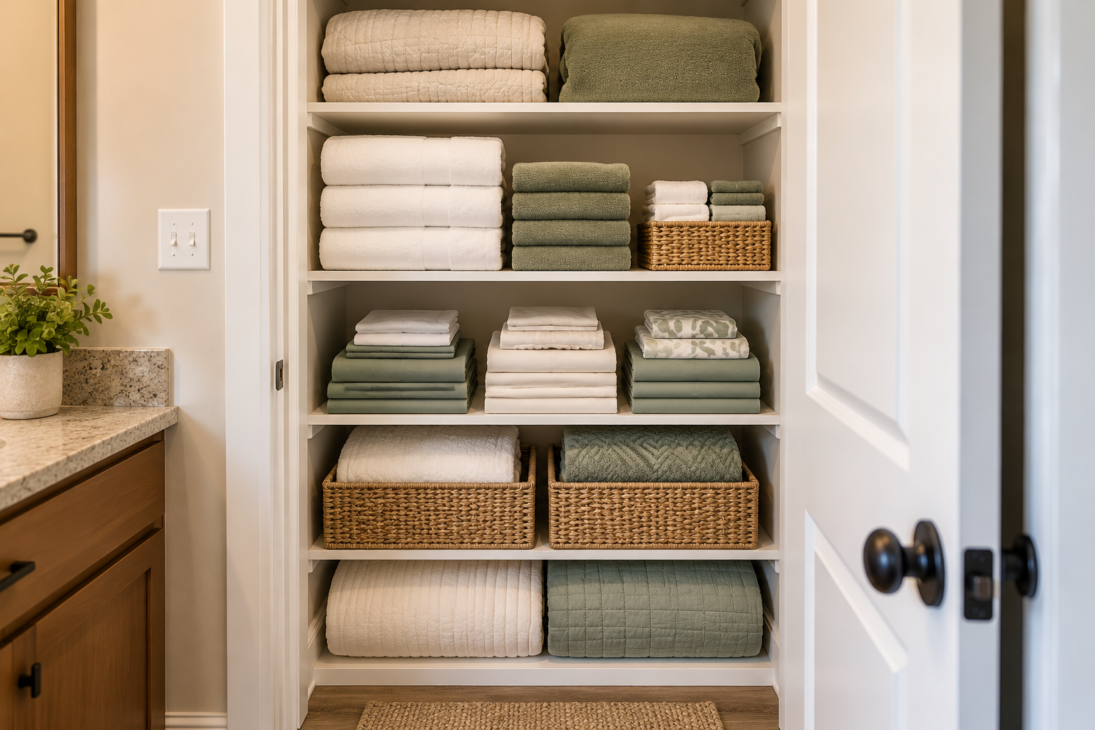 Small closet organized with stable towel stacks and complete sheet sets stored in separate easy-access zones