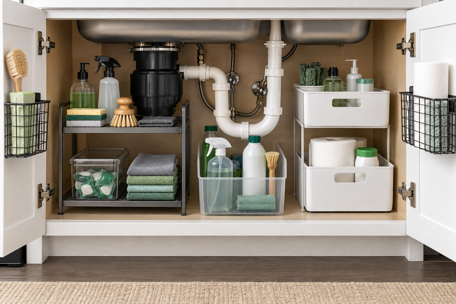 Organized under kitchen sink cabinet with storage arranged around plumbing