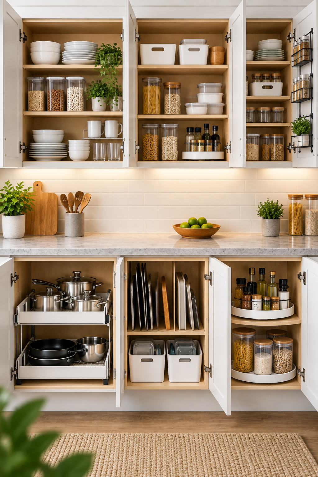 Organized kitchen cabinets with dishes, cookware, food storage containers, and vertical cabinet storage