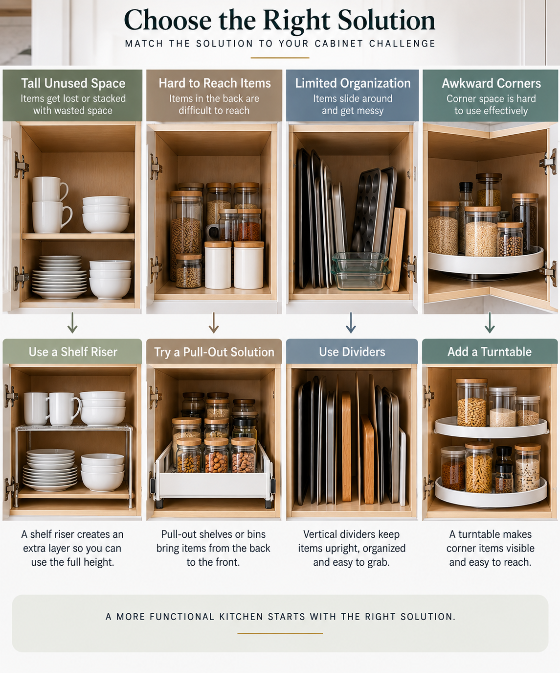Kitchen cabinet organization solutions matched to common storage problems including unused vertical space, deep storage, loose items, and awkward corners