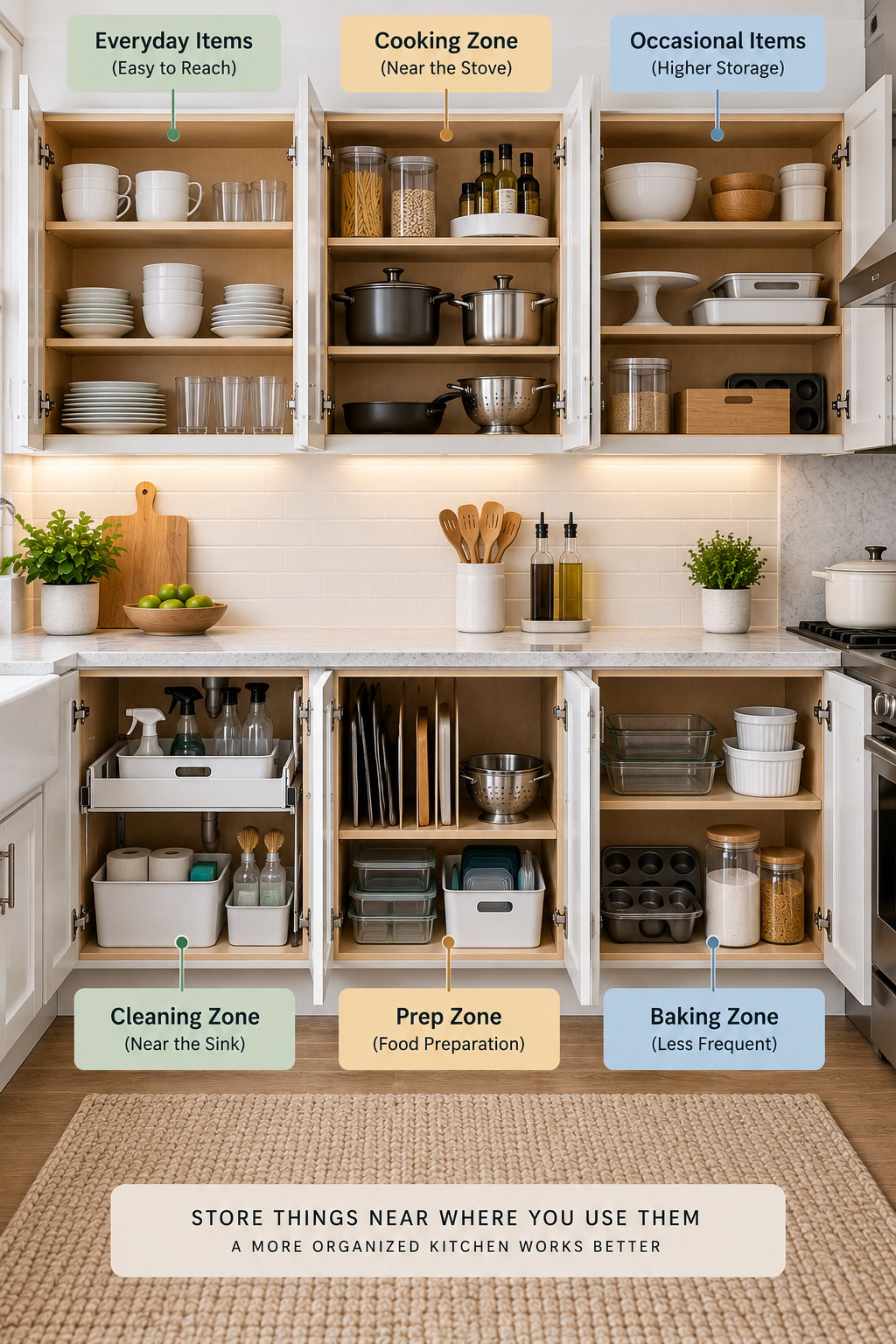 Kitchen cabinet zones organized by everyday use, cooking, cleaning, food preparation, baking, and occasional items