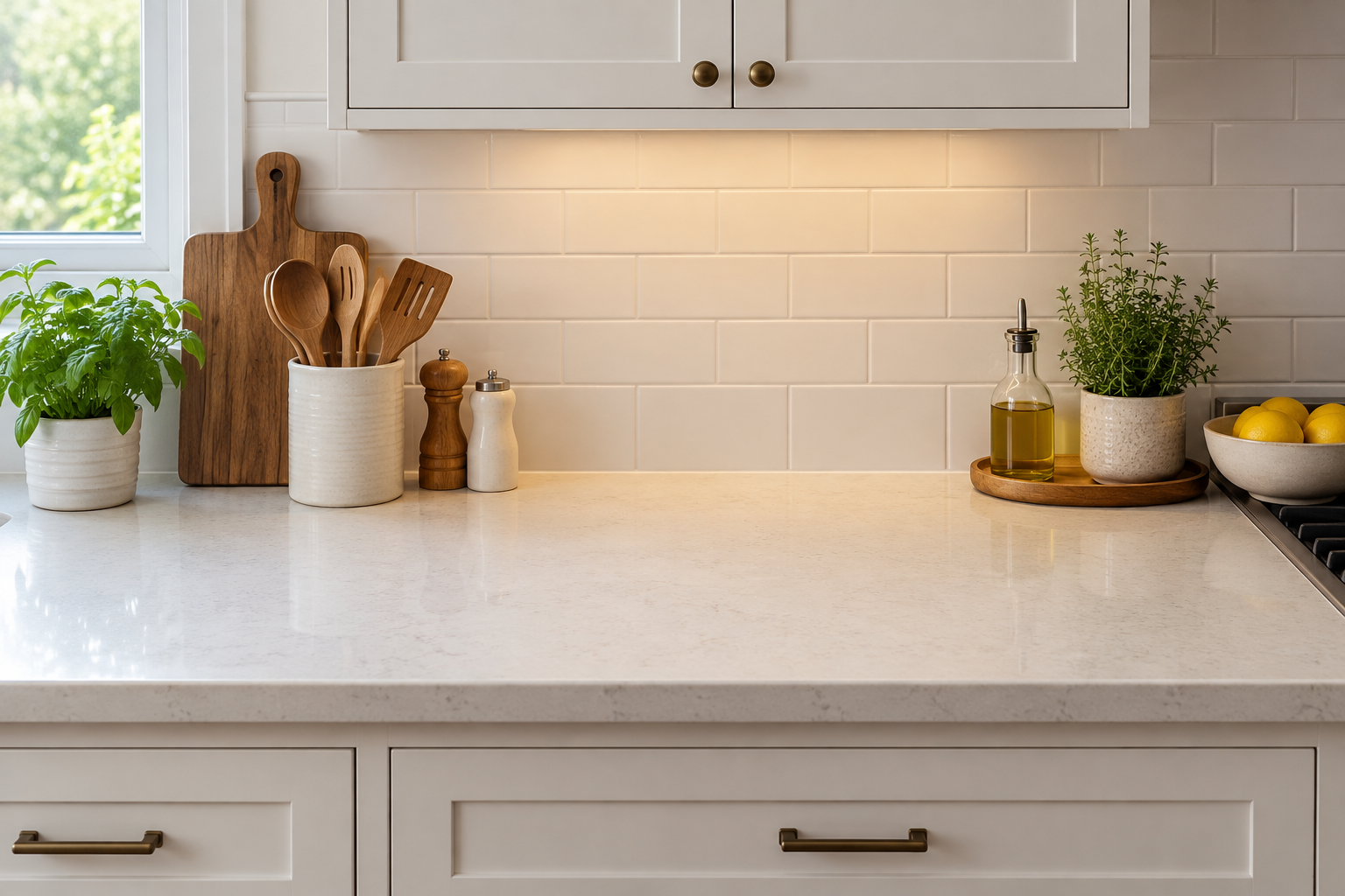 Organized kitchen counter with a clear central prep area and everyday items arranged around the workspace