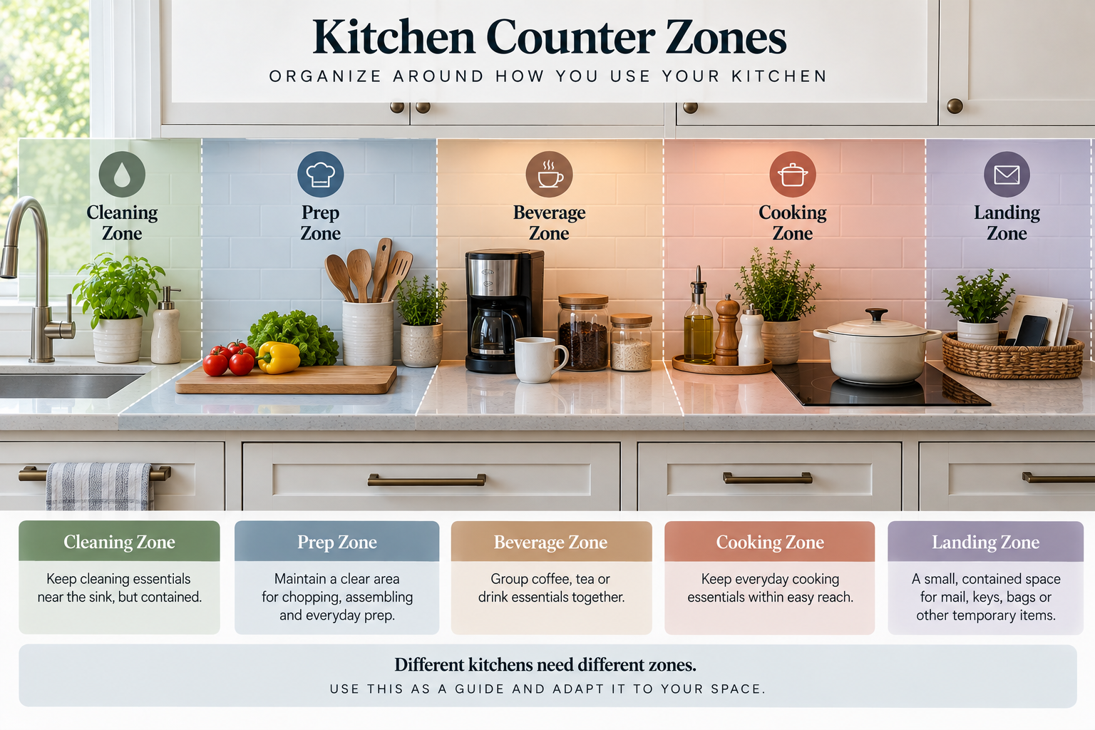 Kitchen counter organized into cleaning, prep, beverage, cooking, and landing zones