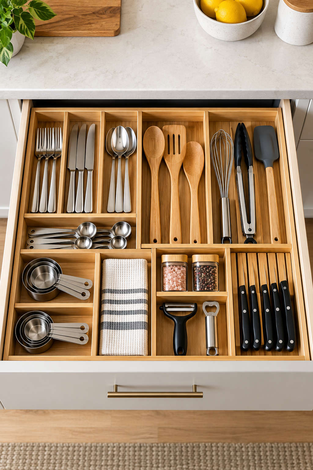 Organized kitchen drawer with divided sections for cutlery, cooking utensils, measuring tools, and kitchen accessories