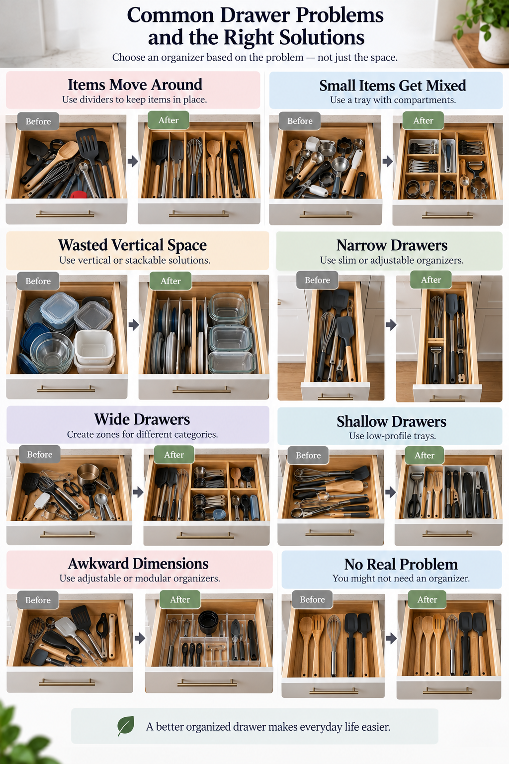 Kitchen drawer organization solutions matched to common problems including movement, mixed items, wasted vertical space, narrow drawers, wide drawers, shallow drawers, and awkward dimensions