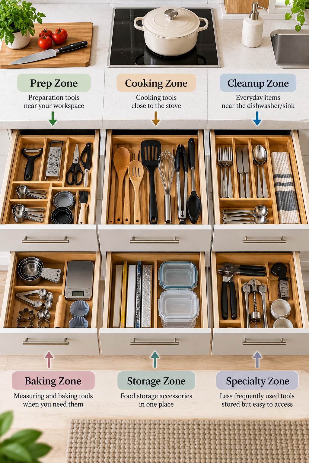 Kitchen drawer zones organized around prep, cooking, cleanup, baking, food storage, and specialty kitchen tasks