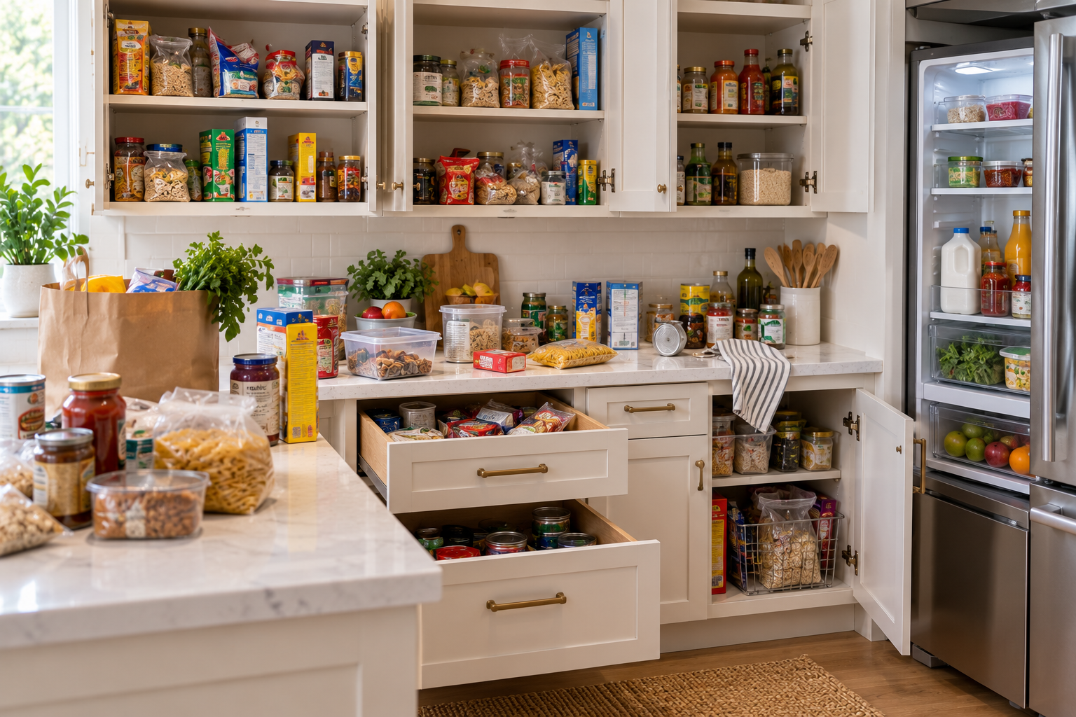 Kitchen with food scattered across cabinets, drawers, and counter space before organizing