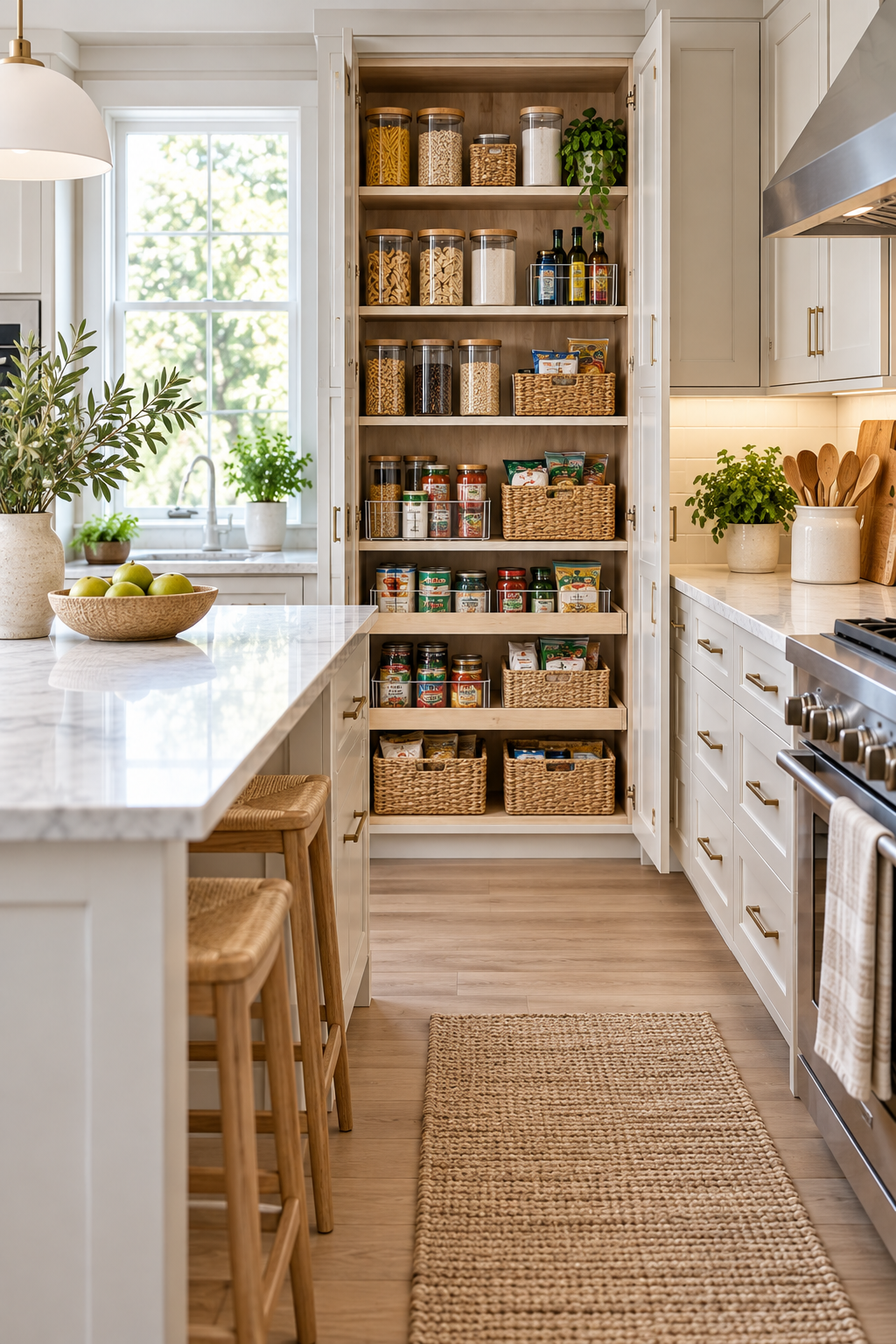 Organized kitchen without a pantry using a dedicated cabinet for food storage