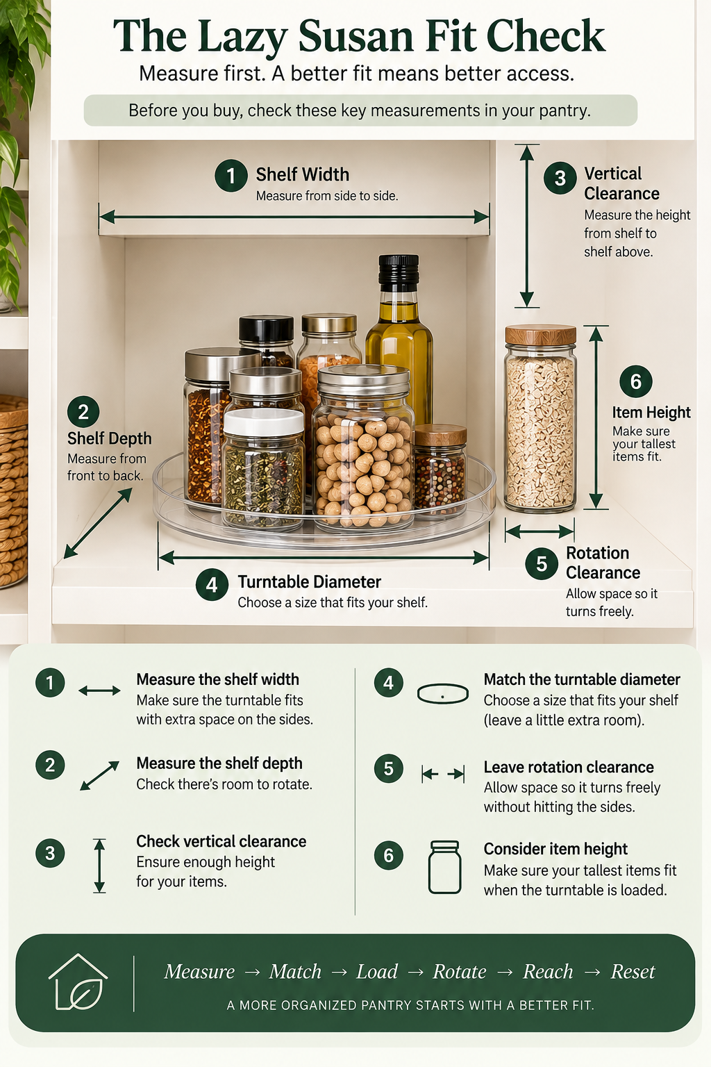 Lazy Susan pantry fit check showing how to measure shelf width, depth, vertical clearance, turntable diameter, rotation clearance, and item height