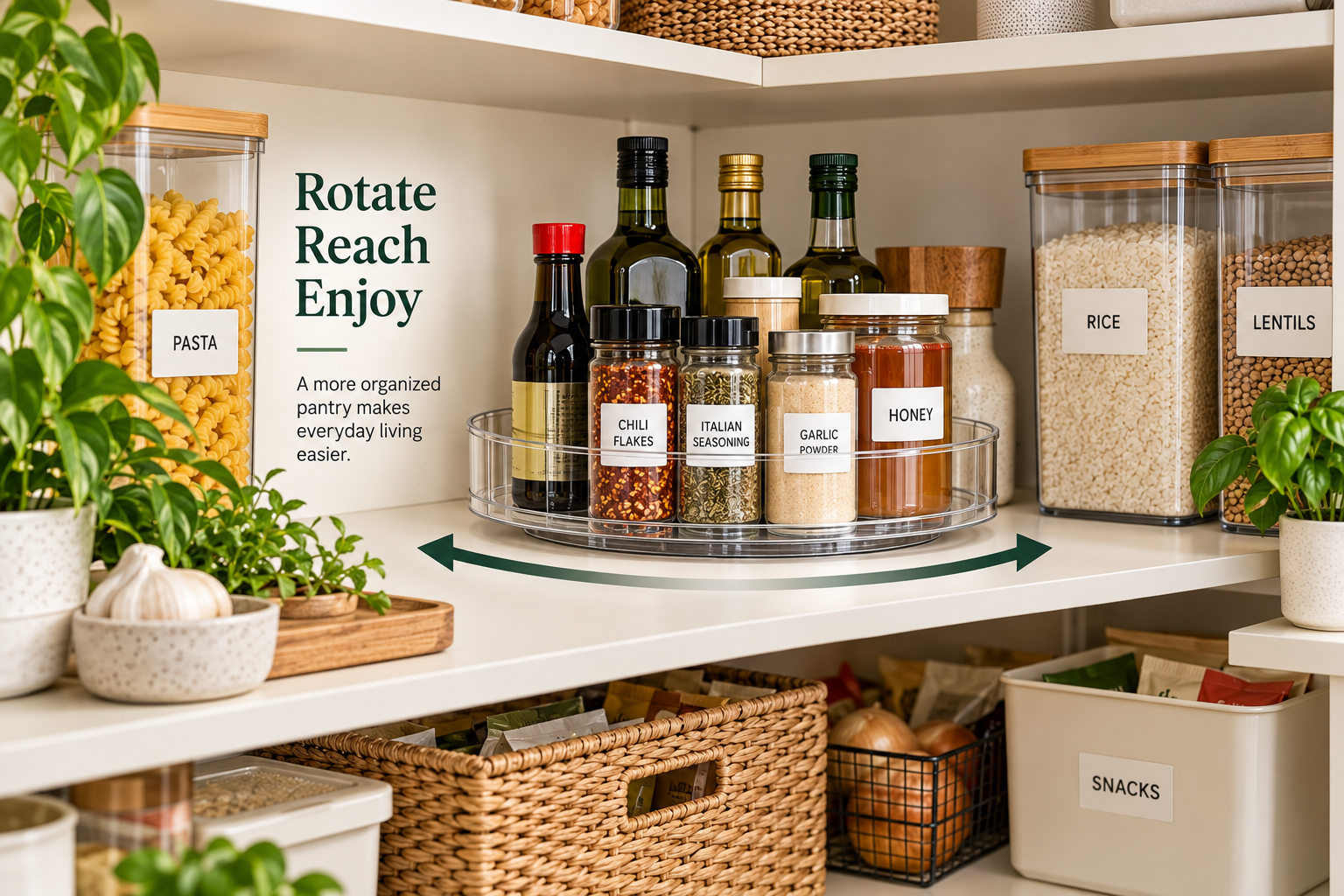 Pantry lazy Susan organized with spices and condiments to make items easier to rotate, see, and reach