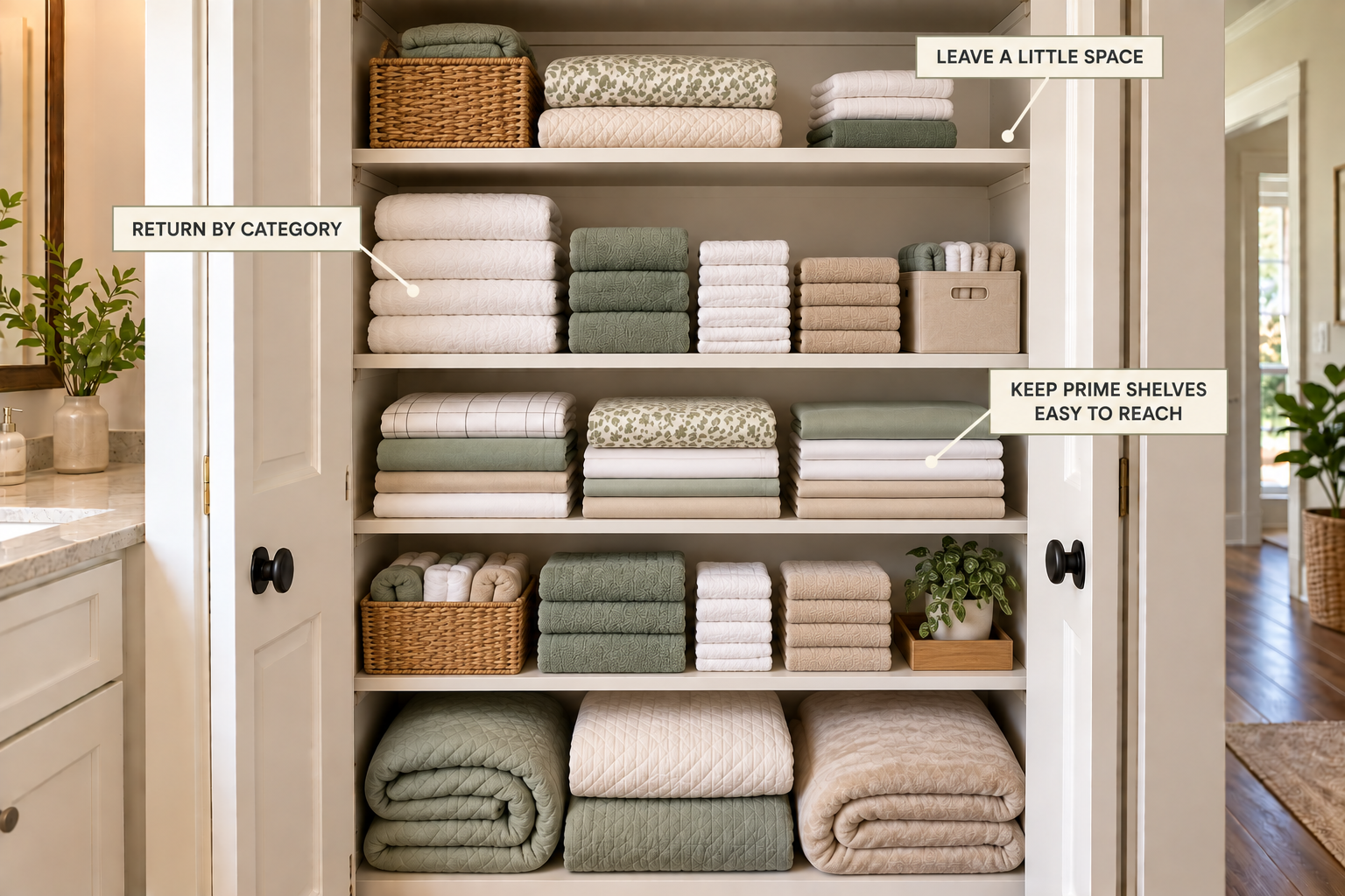 Easy-to-maintain linen closet with clear categories, accessible shelves, and space for returning clean laundry