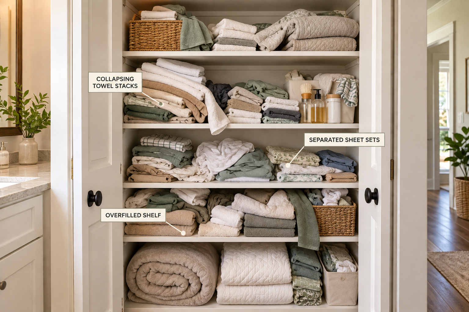 Overfilled linen closet with collapsed towel stacks and separated sheet sets