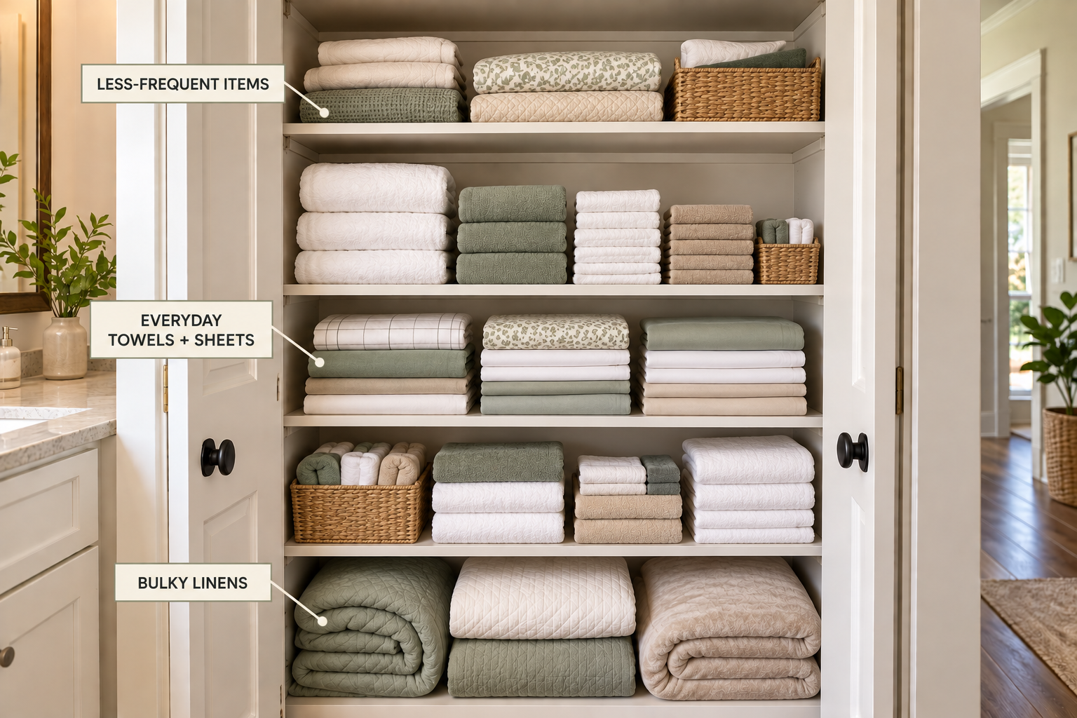 Linen closet shelf zones assigned by frequency of use and item weight