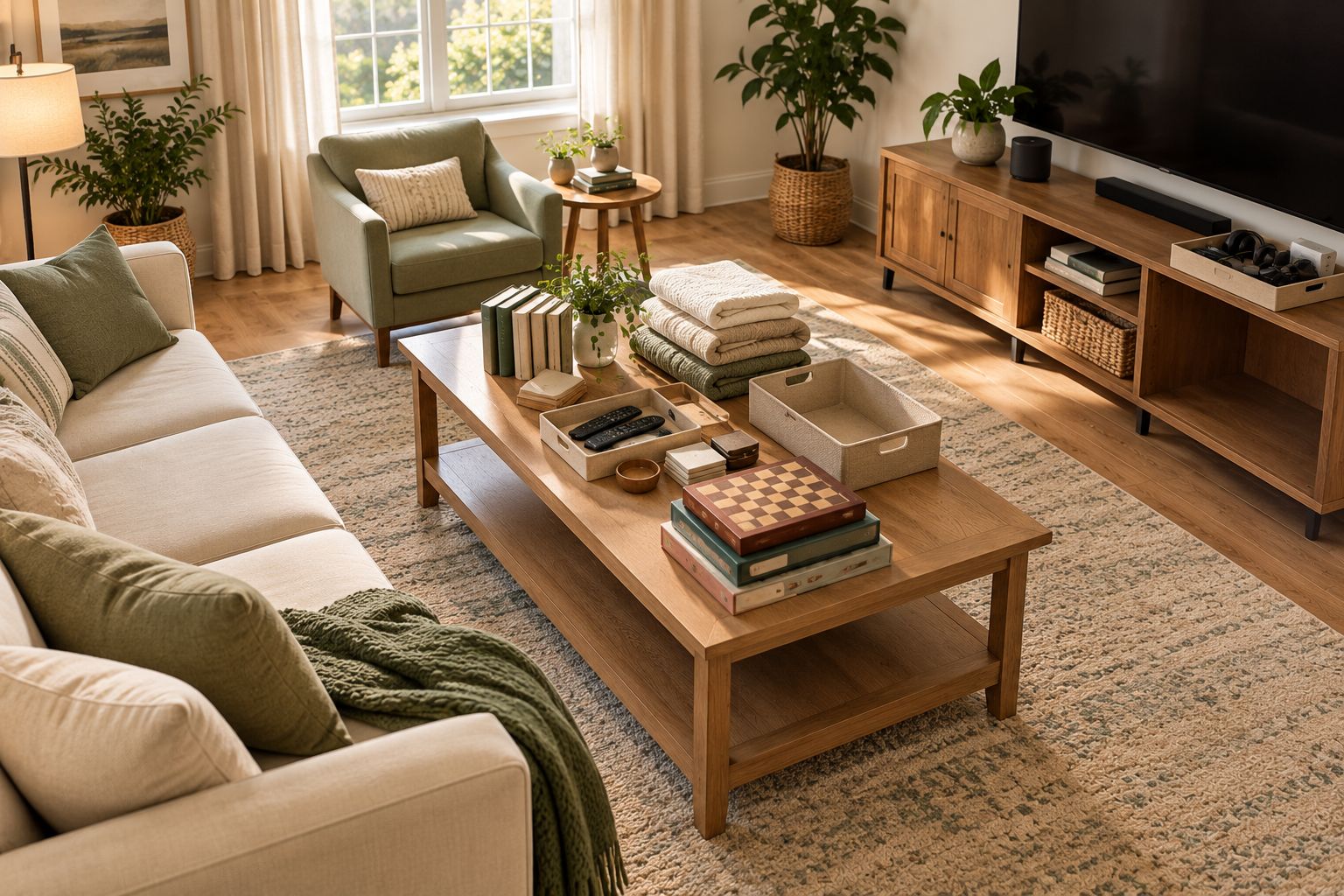 Living room storage categories grouped by function before choosing storage solutions