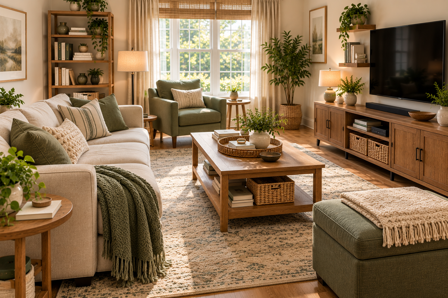 Finished living room with organized storage and easy access to everyday items