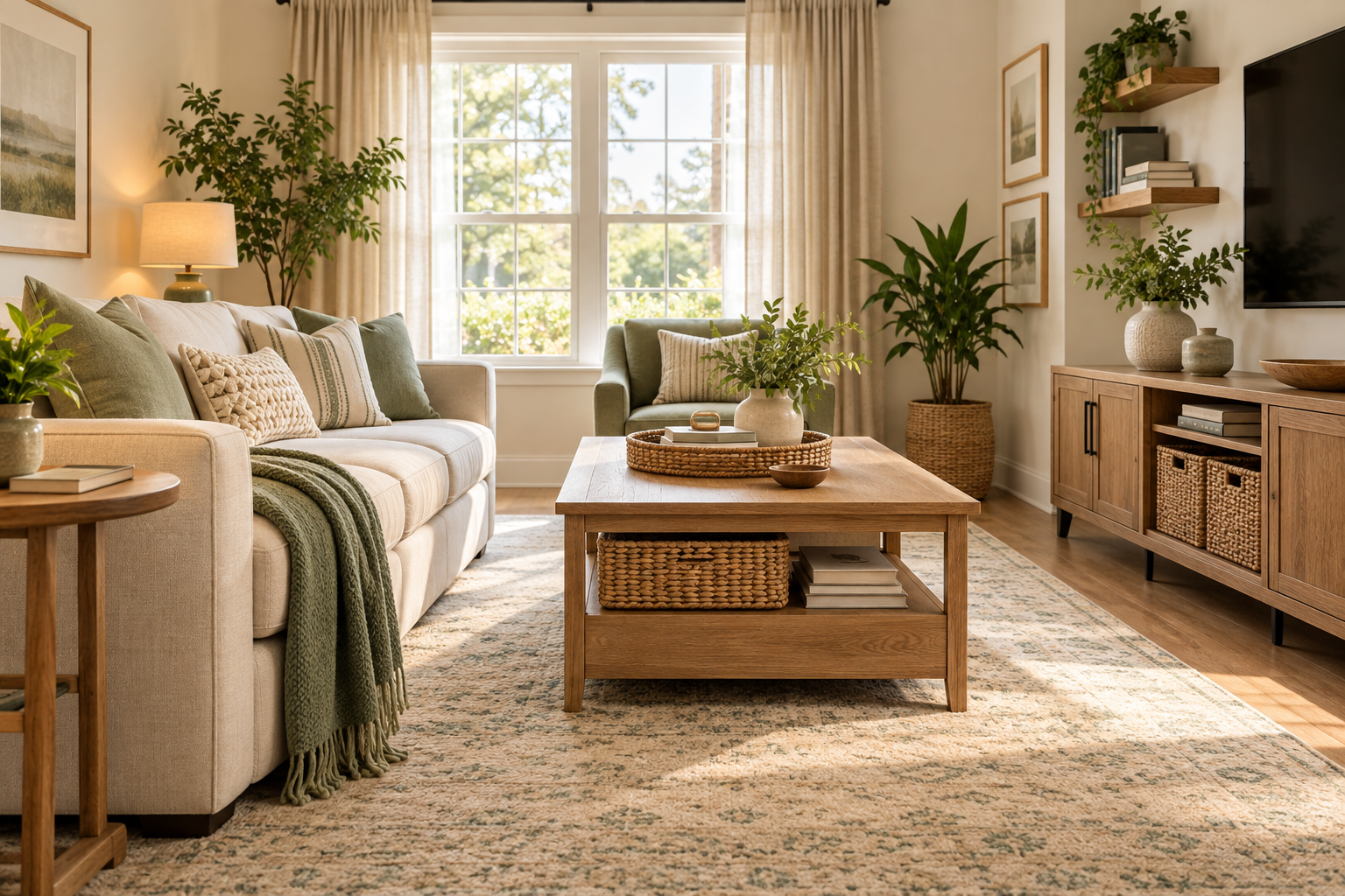 Living room organized with practical storage for everyday items and clear usable space