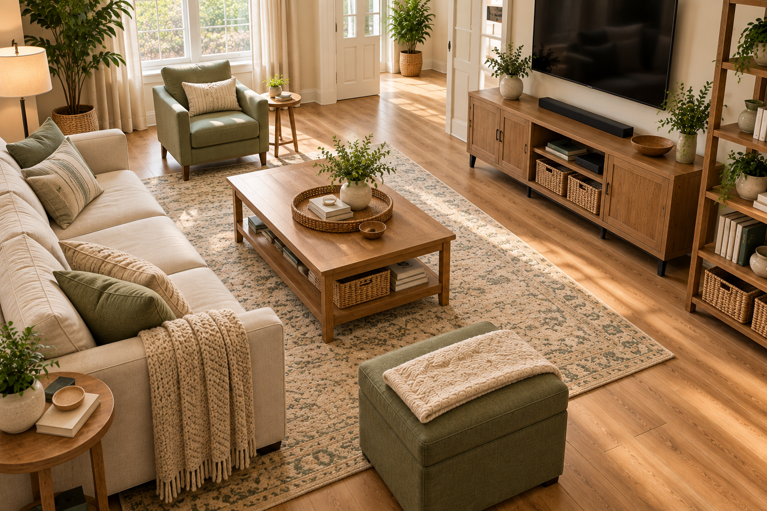 Living room storage positioned to keep everyday items accessible while protecting walking space