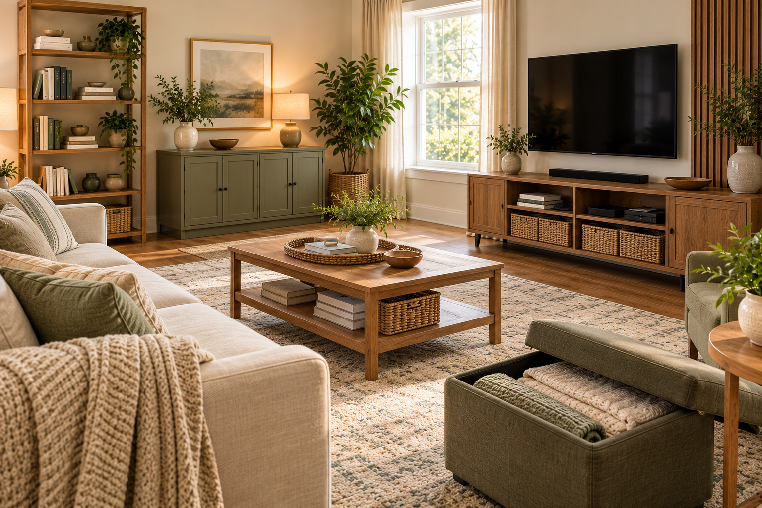 Living room showing different storage types matched to books blankets electronics and everyday items