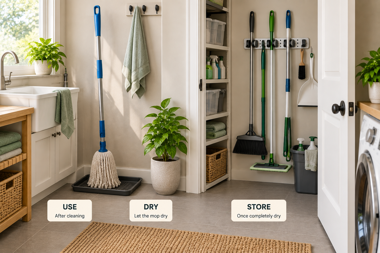 Cleaning tool storage system showing a mop drying before it is returned to organized storage