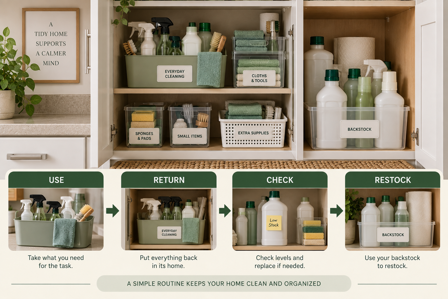 Cleaning supply storage reset and restocking routine for a home without a cleaning closet